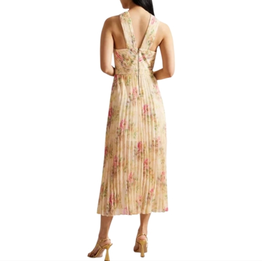 Ted Baker Amerah Light Yellow Pink Cross Front Pleated Midi Dress Size 3 Med 8 - Picture 11 of 16